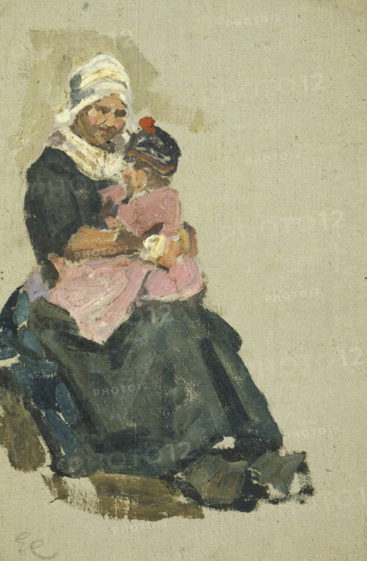 Sketch of a seated Dutch woman holding a child on her knee, (Volendam), mid-late 1870s. Creator: George Clausen.