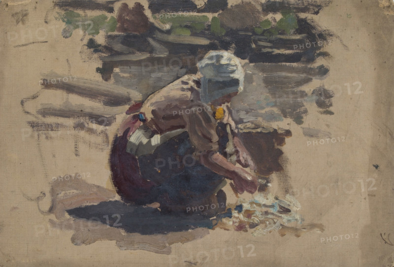 Study of a Dutch woman washing fish on a beach, mid-late 1870s. Creator: George Clausen.