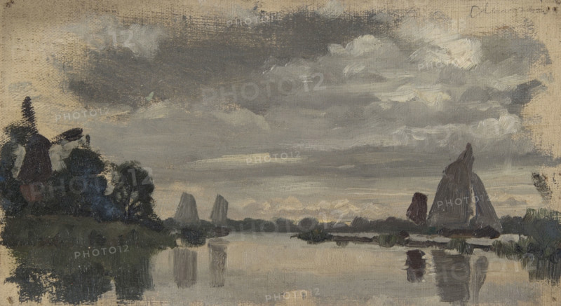 Sketch of boats on a Dutch river with windmill, mid-late 1870s. Creator: George Clausen.