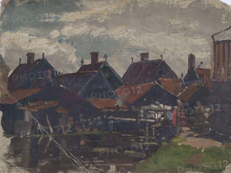 Study of wooden houses beside a pond in Holland, probably mid-late 1870s. Creator: George Clausen.