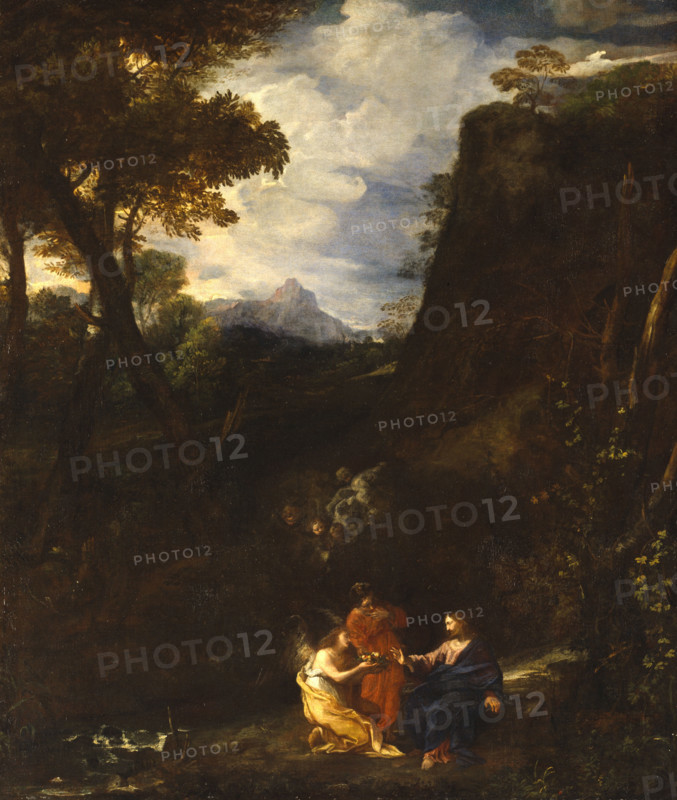 Landscape with Christ and two Angels, mid seventeenth century. Creator: Pier Francesco Mola.