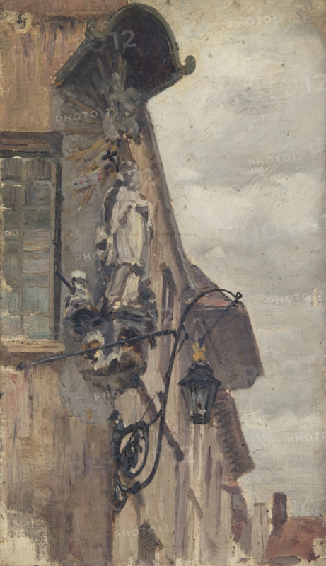 Study of a religious statue on a building exterior, (northern Europe), mid-late 1870s. Creator: George Clausen.