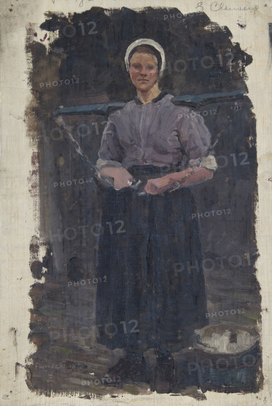 Study of a woman carrying a yoke across her shoulders, Papendrecht, Holland; Papendrecht, 1874, 1874 Creator: George Clausen.