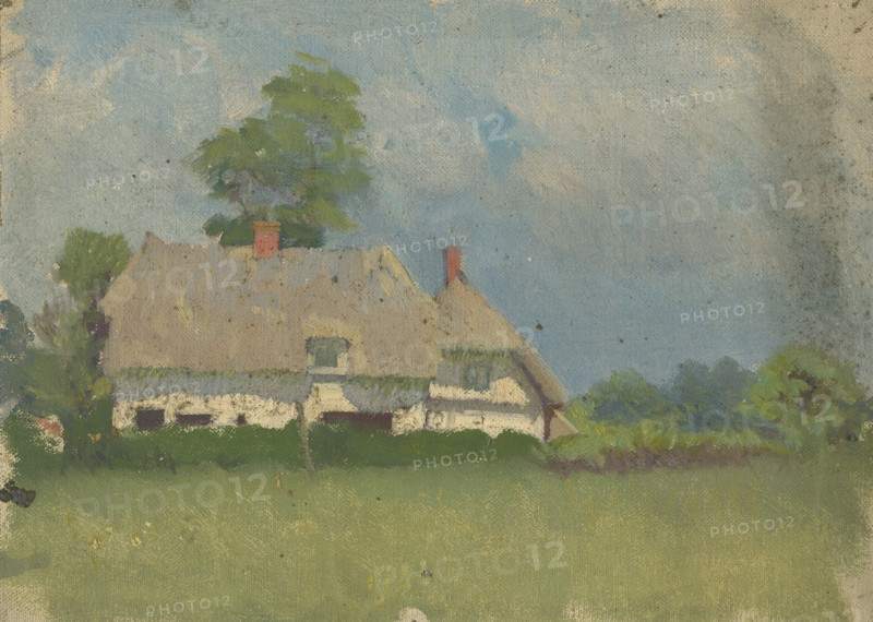 Study of a white thatched cottage in a landscape, probably 1920s. Creator: George Clausen.