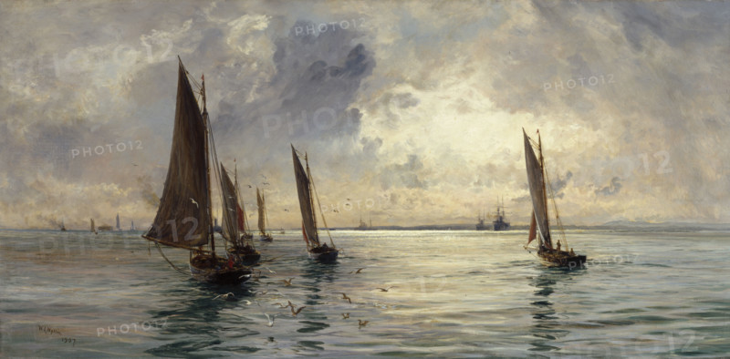The Portsmouth Fishing Fleet: The Breeze Falls Light, 1907. Creator: William Lionel Wyllie.