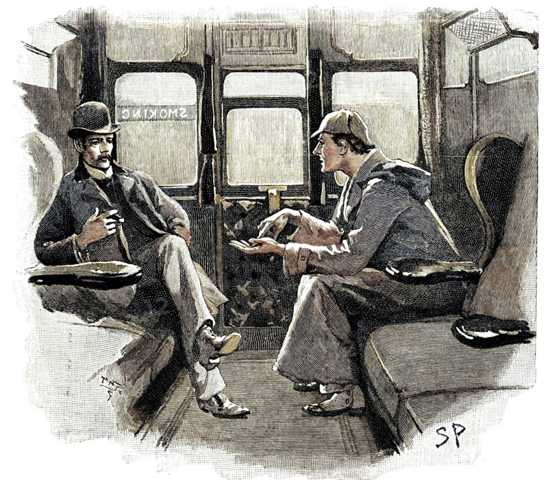 The Adventure of Silver Blaze, Holmes and Watson on train. Creator: Sidney E Paget.