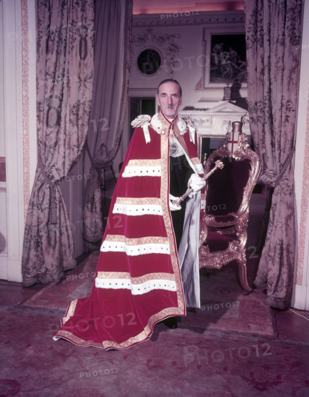 The Lord Mayor of London in his Earl's robes and holding the Crystal Sceptre, c1953.  Creator: Arthur Charles Kirby Ware.