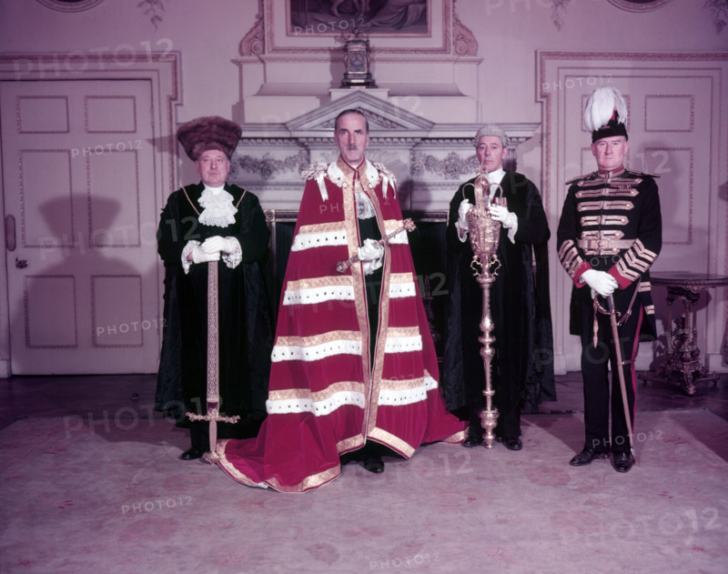 The Lord Mayor of London with Swordbearer, Macebearer and City Marshal, c1953.  Creator: Arthur Charles Kirby Ware.