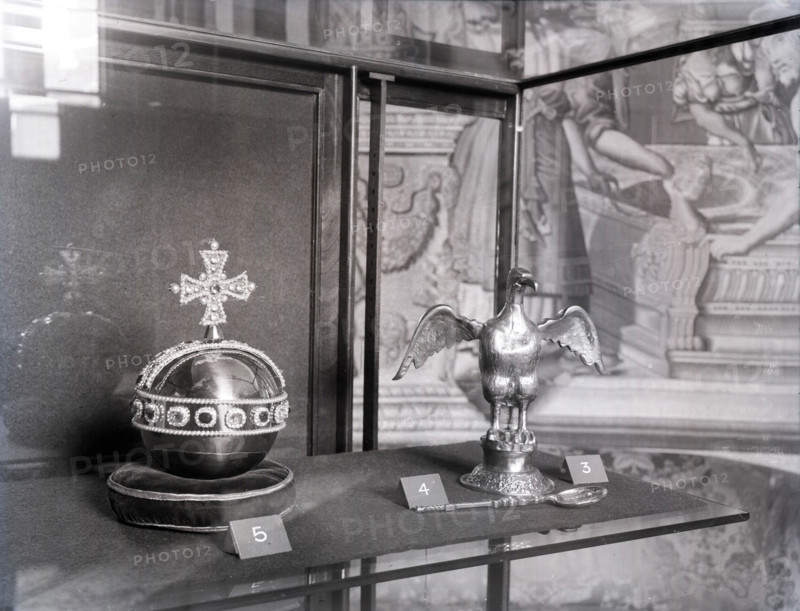 Crown Jewels of the United Kingdom - replicas of the orb, ampulla and anointing spoon, c1953.  Creator: Arthur Charles Kirby Ware.