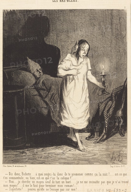 - Dis donc, Bichette..... à quoi songes-tu donc de te promener comme ça la nuit?..., 1844.  Creator: Honore Daumier.
