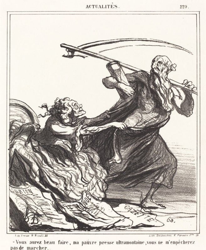 Vous aurez beau faire, ma pauvre presse ultramontaine; vous ne m'empêcherez pas de marcher..., 1866. Creator: Honore Daumier.