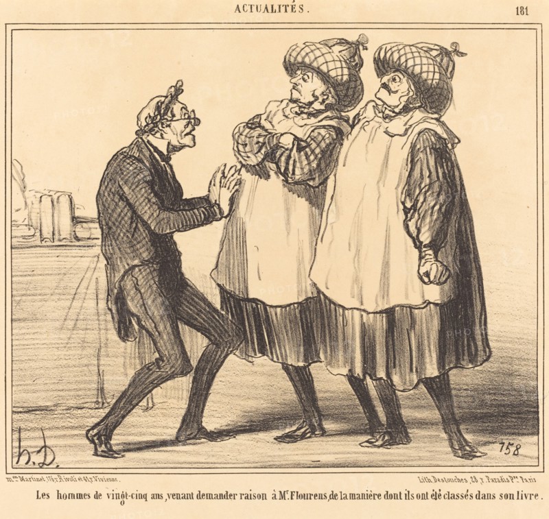 Les hommes de vingt-cinq ans venant demander raison à Mr. Flourens..., 1855.  Creator: Honore Daumier.