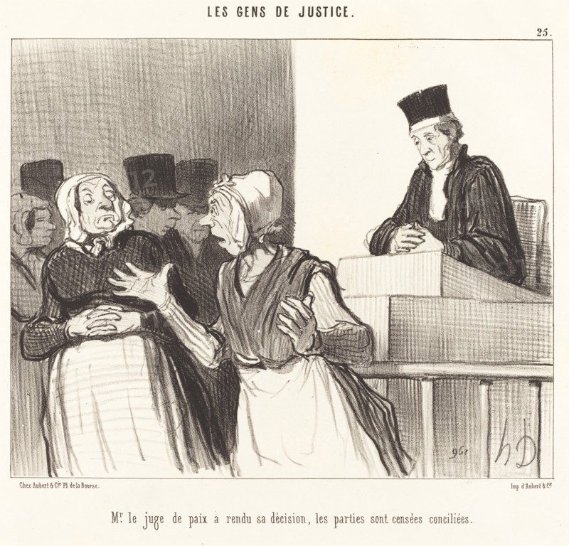 Mr. le juge de paix a rendu sa décision, les parties sont censées conciliées, 1846. Creator: Honore Daumier.
