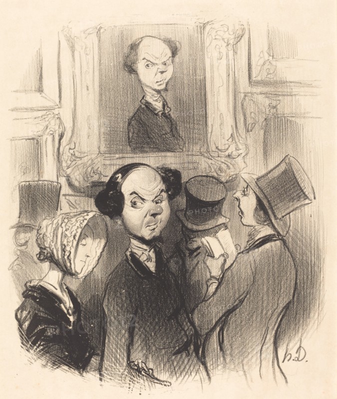 Charmé de se voir exposé, l'original ici présent conduit son épouse au salon..., 1841. Creator: Honore Daumier.