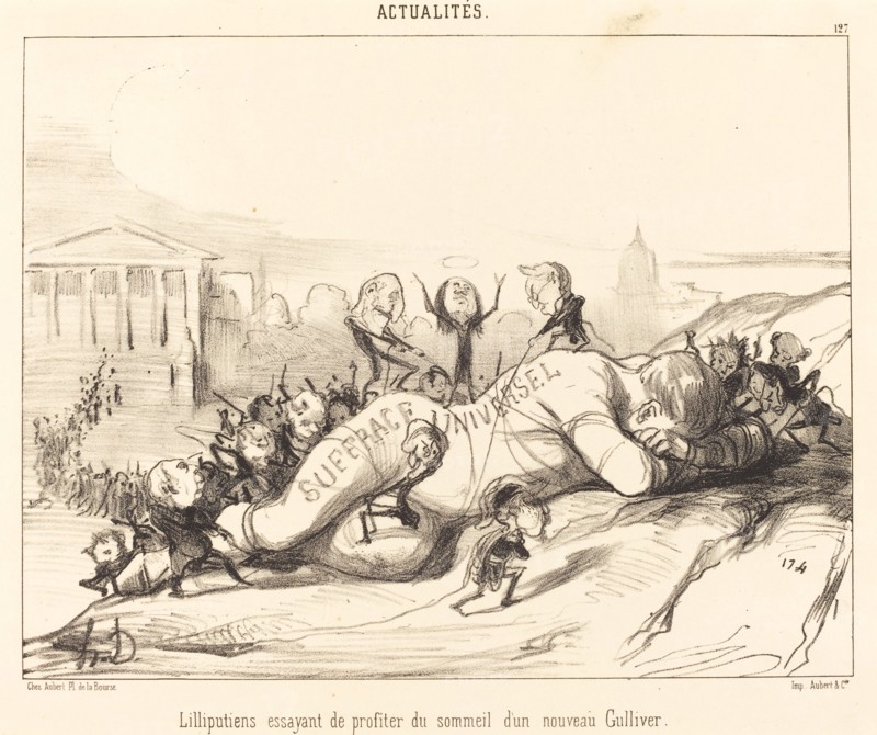 Lilliputiens essayant de profiter du sommeil..., 1850. Creator: Honore Daumier.