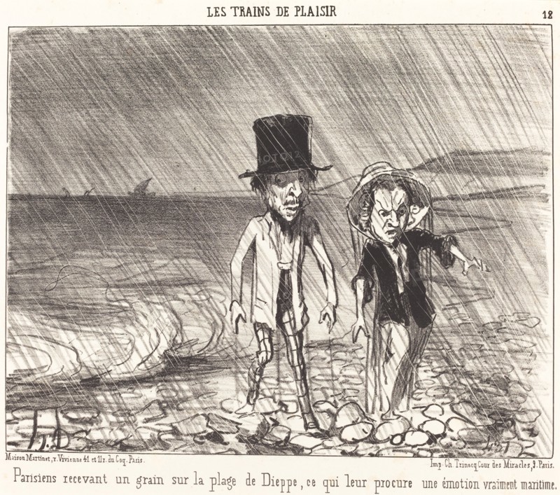 Parisiens recevant un grain sur la plage de Dieppe..., 1852. Creator: Honore Daumier.