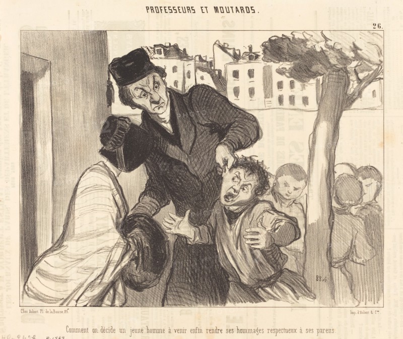 Comment on décide un jeune homme à venir enfin rendre ses hommages respectuex à se parens, 1846. Creator: Honore Daumier.