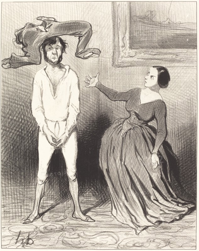 Une femme comme moi...remettre un bouton?..., 1844.  Creator: Honore Daumier.