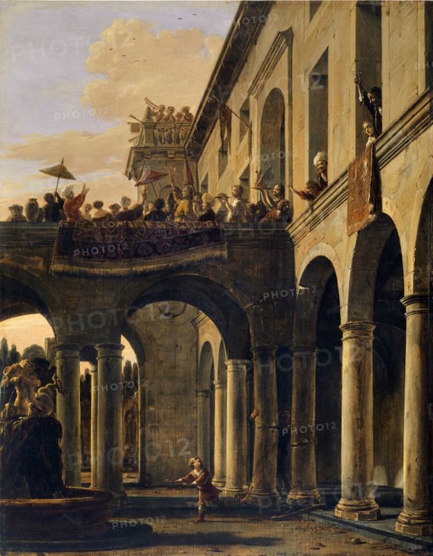 Samson destroying the Temple of Dagon, 1659. Creator: Salomon de Bray.