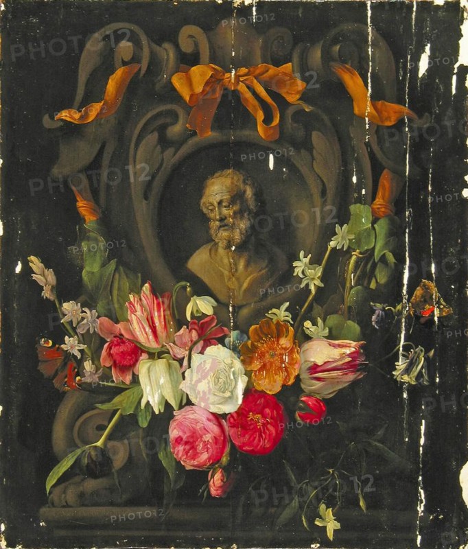 Garland of Flowers around the the Bust an Old Man in a Cartouche, 1644. Creators: Jan van den Hoecke, Jan Philips van Thielen.