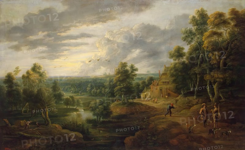 Landscape with Trees near a River (Landscape with Hunters), 1640. Creators: David Teniers II, Lucas van Uden.