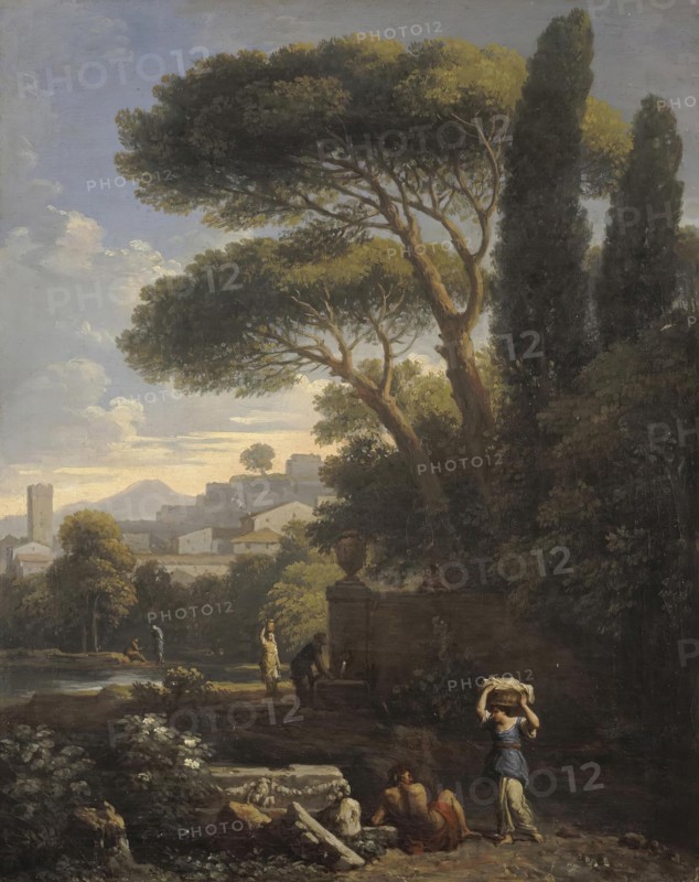 Landscape in Latium with Three Female Figures by a Fountain, 1734. Creator: Jan Frans van Bloemen.