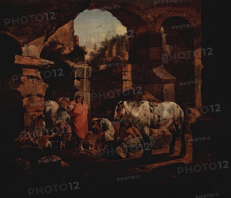 Gipsy Camp in Ancient Ruins, 1675. Creator: Johann Heinrich Roos.