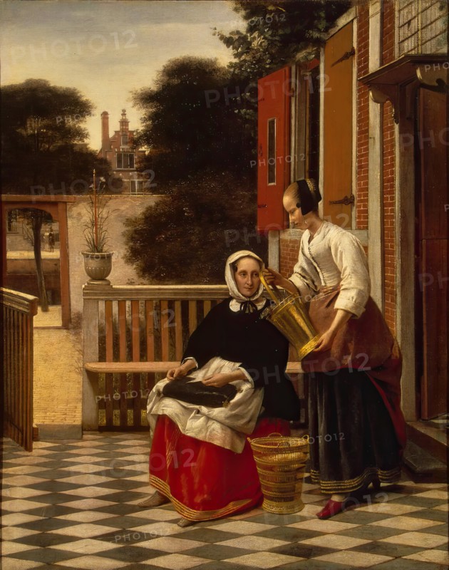 Woman and a maid with a pail of fish in a courtyard, 1660. Creator: Pieter de Hooch.