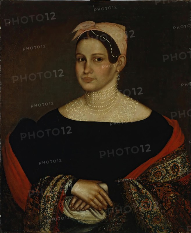 Portrait of a Merchant Wife in a Low-cut Black Dress with Puffed Sleeves, 1838. Creator: Ivan Tarkhanov.