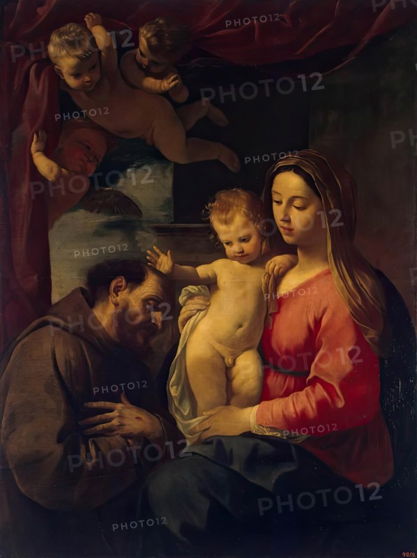 Madonna with Child and St Francis of Assisi, 1650. Creator: Simone Cantarini.