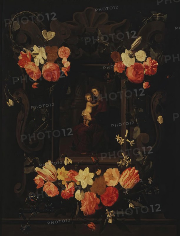 Madonna and Child Framed a Garland of Flowers, 1644. Creator: Erasmus Quellinus.