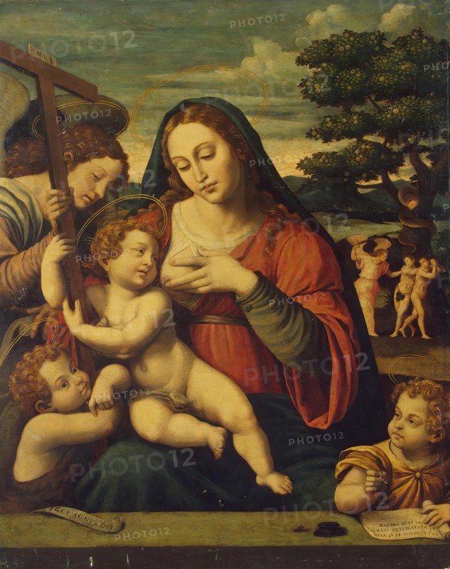 The Virgin and the Child with St John the Baptist, St John the Evangelist and an Angel, 1550. Creator: Juan De Juanes.