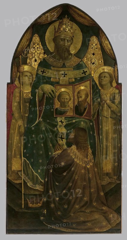 Emperor Constantine in front of Pope Sylvester I Showing Depictions of Sts Peter and Paul..., 1450. Creator: Andrea di Giusto.