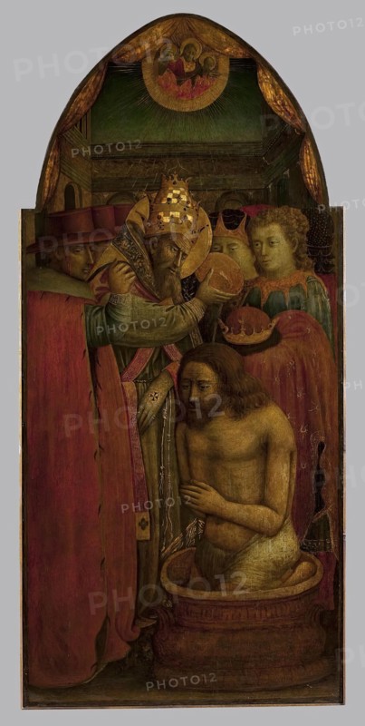 Baptism of Constantine by Pope Sylvester I (left part of the triptych), 1450. Creator: Andrea di Giusto.