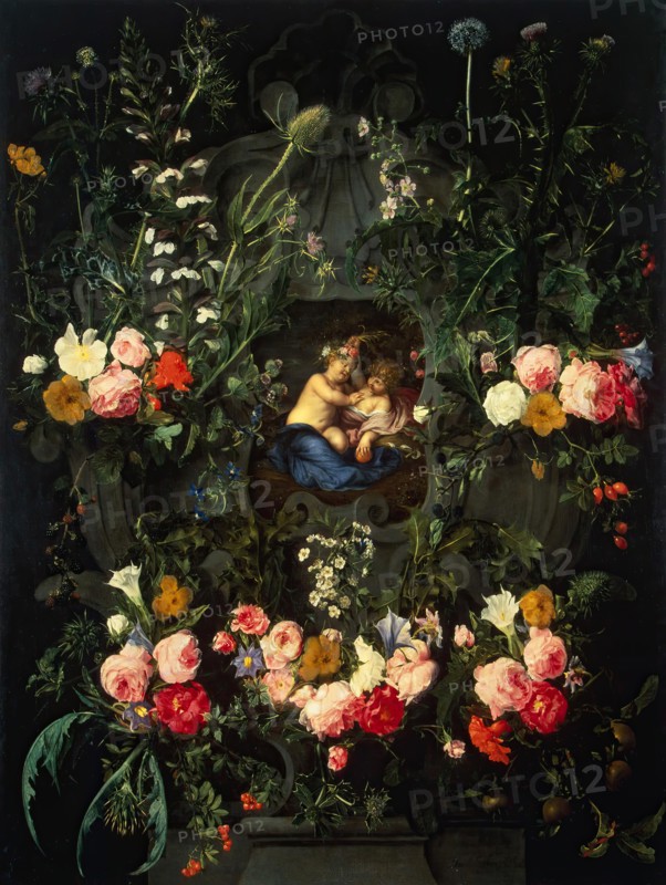 Garland of Flowers Around a Cartouche with Jesus and St John the Baptist as Children, 1630. Creator: Daniel Seghers.
