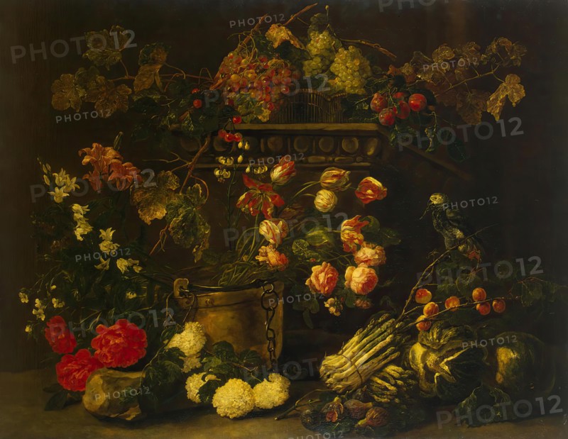 Still Life with Flowers, Fruit and Parrot, 1650. Creator: Jan Fyt.