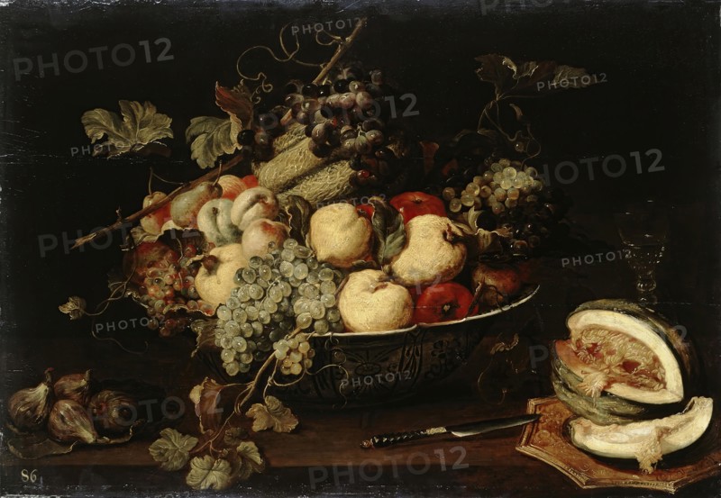Fruit in a Bowl and a Sliced Melon, 1650. Creator: Frans Snyders.