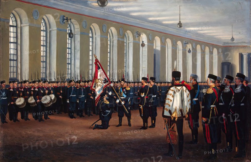 Emperor Nicholas II Presenting the Colour to the 145th Novocherkassk Infantry Regiment, 1900. Creator: Narkiz Nikolaevich Bunin.
