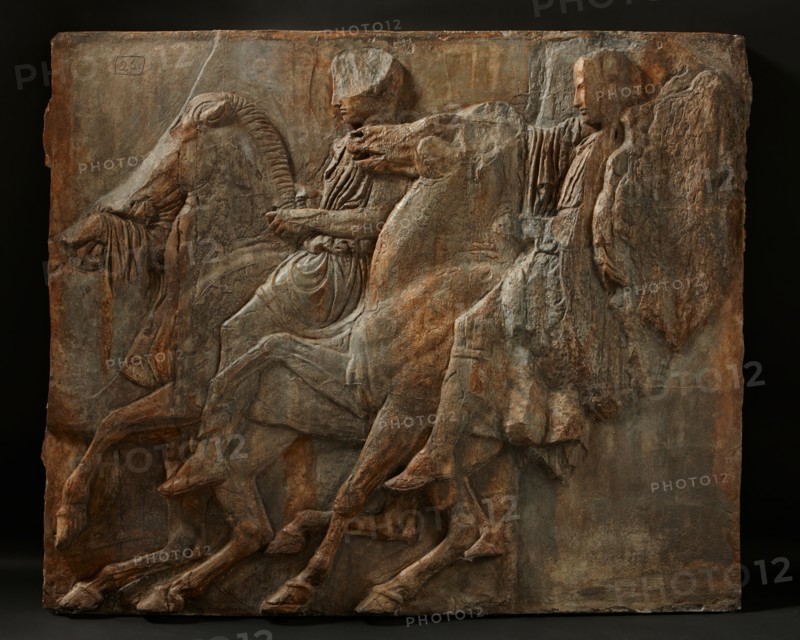 Cast of slab of riders from North frieze of Parthenon (figures 106-108, Slab XXXIX..., 19th century. Creator: Unknown.