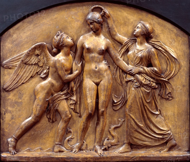 Birth of Venus; received by Celestial Love, and crowned by Persuasion, c1840. Creator: John Gibson.
