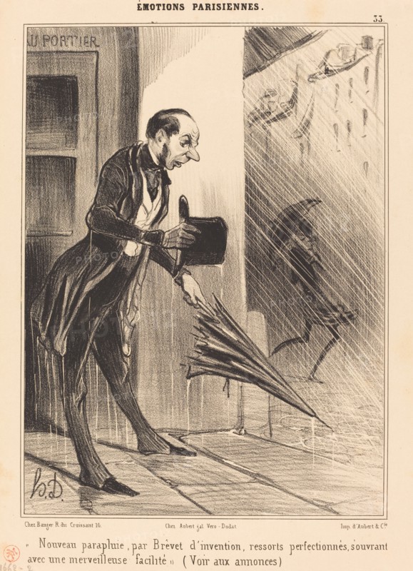 Nouveau parapluie, par Brevet d'invention, ressorts perfectionnés..., 1840.  Creator: Honore Daumier.	Nouveau parapluie, par Brevet d'invention, ressorts perfectionnés..., 1840. ...s'ouvrant avec une merveilleuse facilité" (Voir aux annonces). ("New patented umbrella, with an improved spring system, to swiftly open at the slightest touch. (Please refer to our advertisement").)