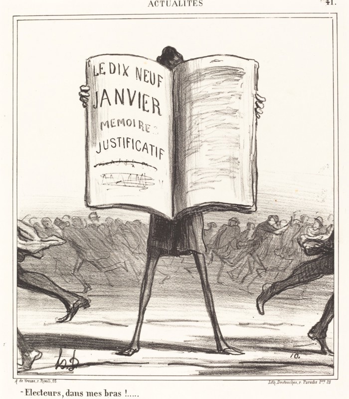 Électeurs, dans mes bras!..., 1869. Creator: Honore Daumier.