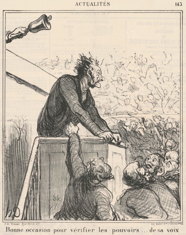 Bonne occasion pour vérifier les pouvoirs ...de sa voix, 19th century.  Creator: Honore Daumier.