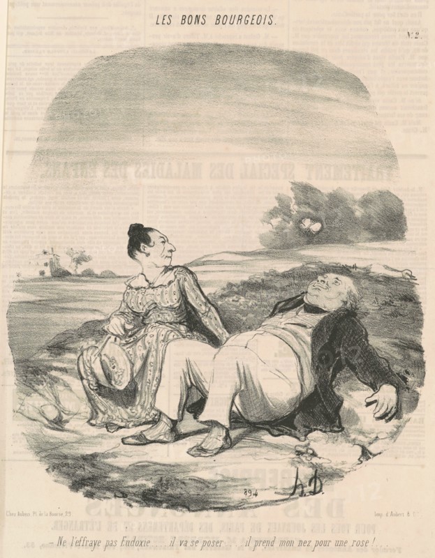 Ne l'effraye pas Eudoxie... il va se poser... il prend mon nez pour une rose!..., 19th century.  Creator: Honore Daumier.