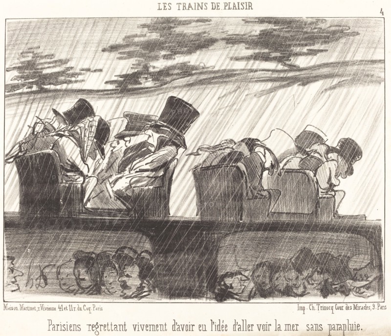 Parisiens regrettant vivement d'avoir eu l'idée d'aller voir la mer sans parapluie, 1852. Creator: Honore Daumier.