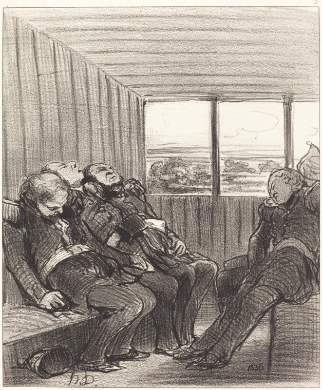 Le voyage en chemin de fer est moins amusant que ne l'espérait Rifolard, 1848.  Creator: Honore Daumier.