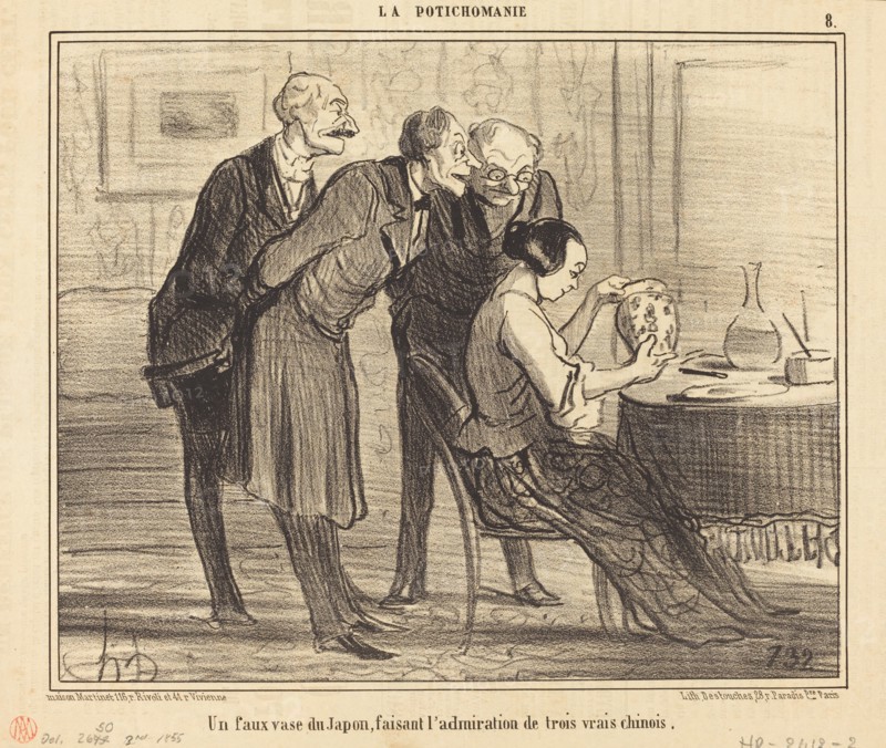 Un faux vase du Japon, faisant l'admiration de trois vrais chinois, 1855.  Creator: Honore Daumier.