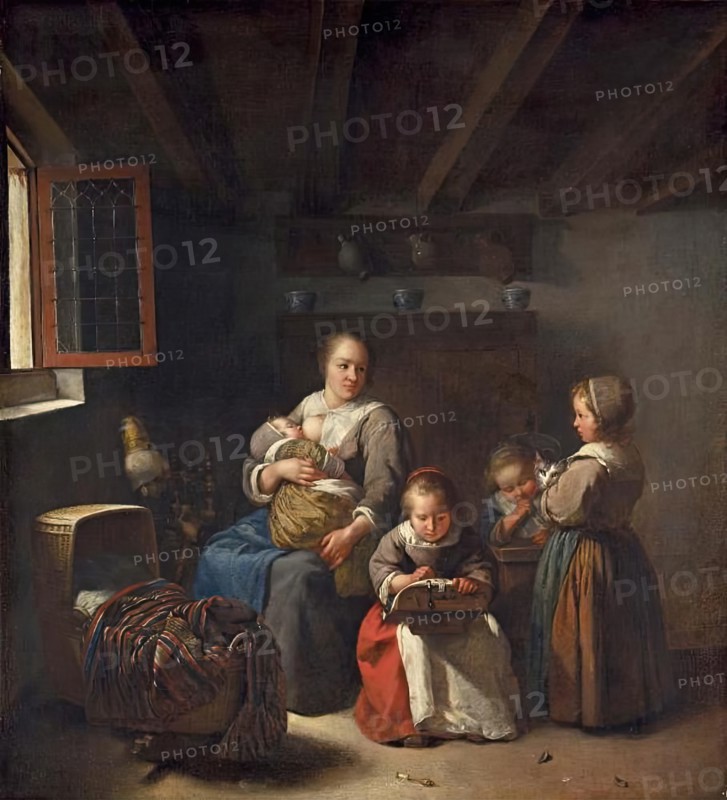 Nursing mother with three girls, 1675. Creator: Gaspar Netscher.