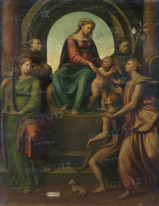 Madonna and Child, with Sts Barbara, Francis, Dominic, Archangel Raphael and Tobias, 1550. Creator: Innocenzo da Imola.
