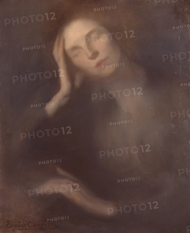 Woman Leaning on a Table, 1890. Creator: Eugene Carriere.